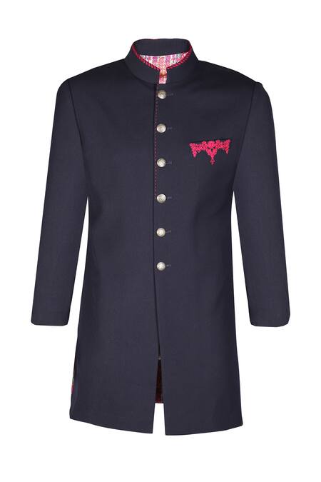 Shop_S&N By Shantnu Nikhil_Blue Lycra, Viscose, Polyester Embroidery Thread Nehruvian Collar Sherwani_Online_at_Aza_Fashions