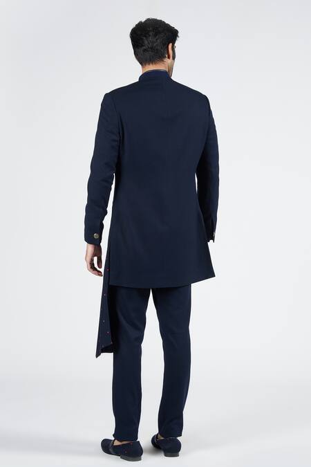 Shop S&N By Shantnu Nikhil Blue Lycra, Viscose, Polyester Embroidery Thread Asymmetric Sherwani at Aza Fashions Shop_S&N By Shantnu Nikhil_Blue Lycra, Viscose, Polyester Embroidery Thread Asymmetric Sherwani_at_Aza_Fashions