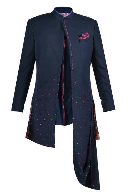 S&N By Shantnu Nikhil_Blue Lycra, Viscose, Polyester Embroidery Thread Asymmetric Sherwani_Online_at_Aza_Fashions