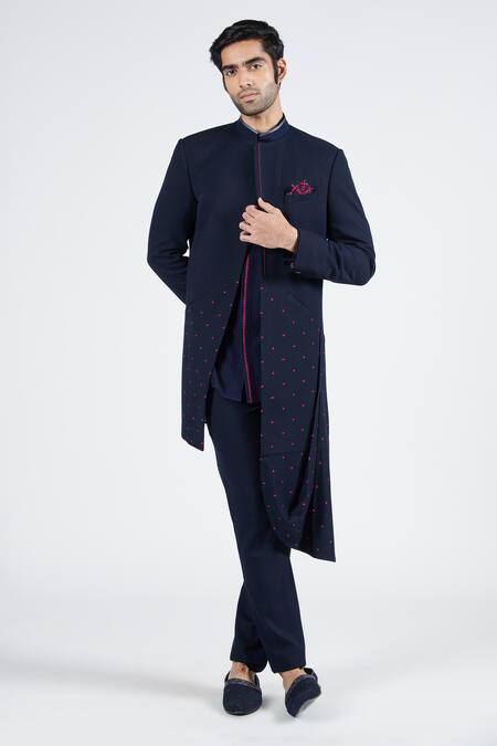 Buy S&N By Shantnu Nikhil Blue Lycra, Viscose, Polyester Embroidery Thread Asymmetric Sherwani Online at Aza Fashions Buy_S&N By Shantnu Nikhil_Blue Lycra, Viscose, Polyester Embroidery Thread Asymmetric Sherwani_Online_at_Aza_Fashions