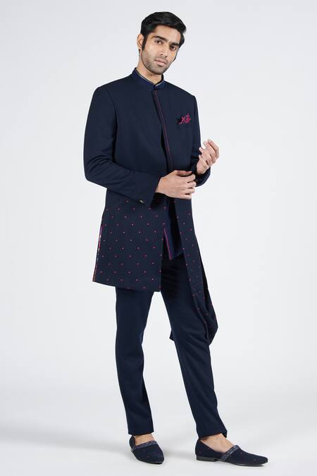 Shop S&N By Shantnu Nikhil Blue Lycra, Viscose, Polyester Embroidery Thread Asymmetric Sherwani Online at Aza Fashions Shop_S&N By Shantnu Nikhil_Blue Lycra, Viscose, Polyester Embroidery Thread Asymmetric Sherwani_Online_at_Aza_Fashions