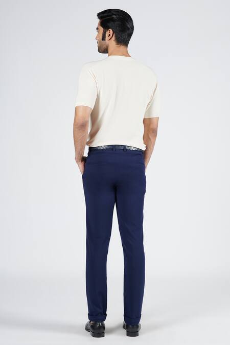 Shop S&N By Shantnu Nikhil Blue Lycra, Viscose Plain Tapered Trouser at Aza Fashions Shop_S&N By Shantnu Nikhil_Blue Lycra, Viscose Plain Tapered Trouser_at_Aza_Fashions