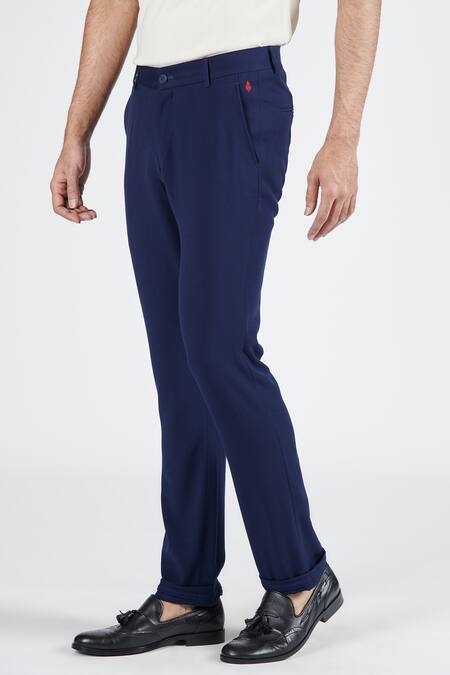 Buy S&N By Shantnu Nikhil Blue Lycra, Viscose Plain Tapered Trouser Online at Aza Fashions Buy_S&N By Shantnu Nikhil_Blue Lycra, Viscose Plain Tapered Trouser_Online_at_Aza_Fashions