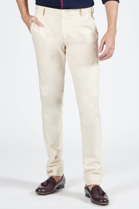 Buy_S&N By Shantnu Nikhil_Off White Cotton, Lycra, Polyester Plain Straight Fit Trouser_Online_at_Aza_Fashions