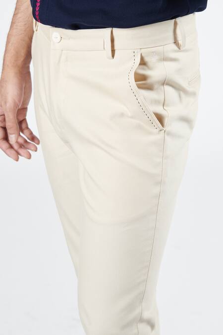 Shop_S&N By Shantnu Nikhil_Off White Cotton, Lycra, Polyester Plain Straight Fit Trouser_Online_at_Aza_Fashions