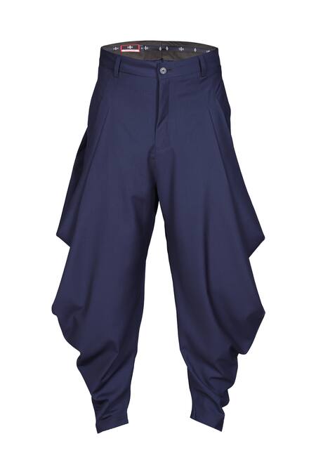 S&N By Shantnu Nikhil_Blue Lycra, Viscose, Terrycloth Cowl Pleated Draped Pant_Online_at_Aza_Fashions