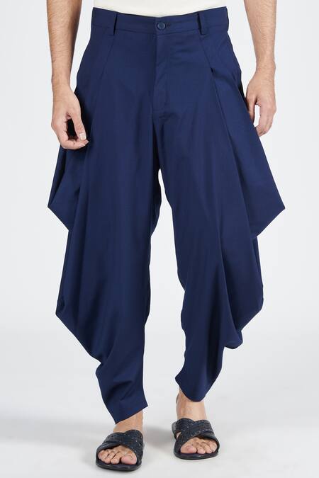 Buy S&N By Shantnu Nikhil Blue Lycra, Viscose, Terrycloth Cowl Pleated Draped Pant Online at Aza Fashions Buy_S&N By Shantnu Nikhil_Blue Lycra, Viscose, Terrycloth Cowl Pleated Draped Pant_Online_at_Aza_Fashions