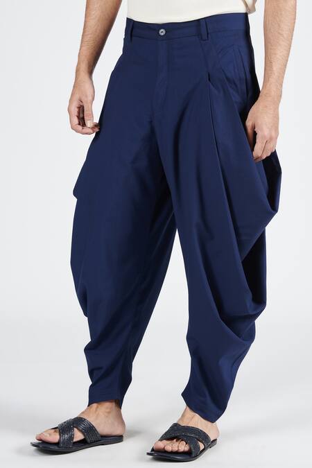 Shop S&N By Shantnu Nikhil Blue Lycra, Viscose, Terrycloth Cowl Pleated Draped Pant Online at Aza Fashions Shop_S&N By Shantnu Nikhil_Blue Lycra, Viscose, Terrycloth Cowl Pleated Draped Pant_Online_at_Aza_Fashions