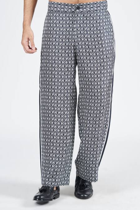 Buy_S&N By Shantnu Nikhil_Black Silk, Twill Geometric Print Straight Trouser_Online_at_Aza_Fashions