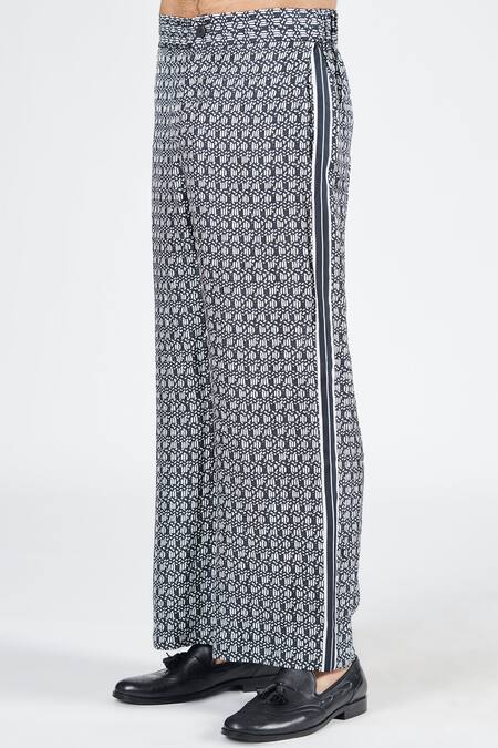 Shop_S&N By Shantnu Nikhil_Black Silk, Twill Geometric Print Straight Trouser_Online_at_Aza_Fashions