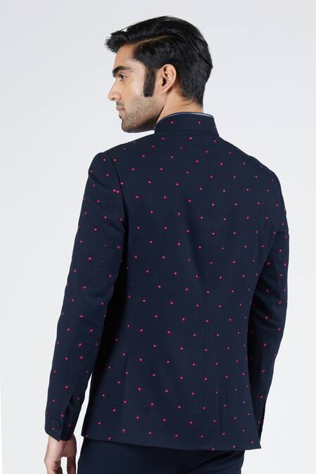 Shop S&N By Shantnu Nikhil Blue Lycra, Viscose, Polyester Embroidery Polka Bandhgala at Aza Fashions Shop_S&N By Shantnu Nikhil_Blue Lycra, Viscose, Polyester Embroidery Polka Bandhgala_at_Aza_Fashions