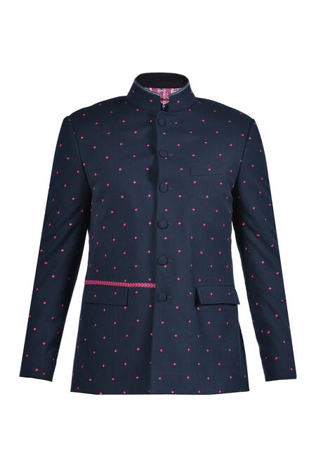 S&N By Shantnu Nikhil_Blue Lycra, Viscose, Polyester Embroidery Polka Bandhgala_Online_at_Aza_Fashions