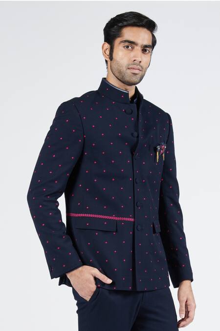 Shop S&N By Shantnu Nikhil Blue Lycra, Viscose, Polyester Embroidery Polka Bandhgala Online at Aza Fashions Shop_S&N By Shantnu Nikhil_Blue Lycra, Viscose, Polyester Embroidery Polka Bandhgala_Online_at_Aza_Fashions