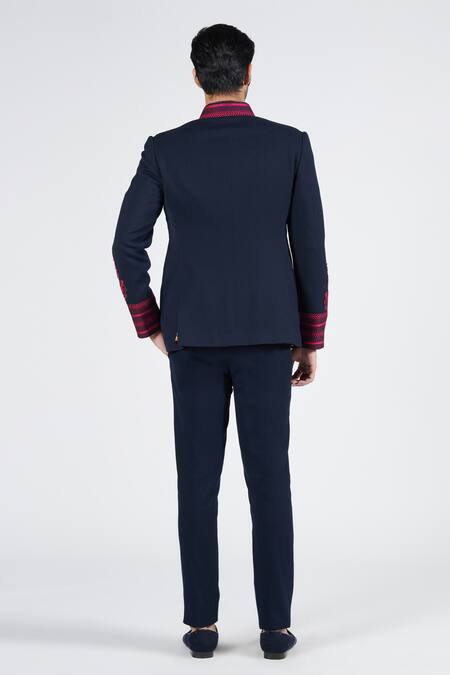 Shop S&N By Shantnu Nikhil Blue Lycra, Viscose, Polyester Embroidery Placement Bandhgala at Aza Fashions Shop_S&N By Shantnu Nikhil_Blue Lycra, Viscose, Polyester Embroidery Placement Bandhgala_at_Aza_Fashions