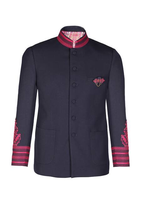 S&N By Shantnu Nikhil_Blue Lycra, Viscose, Polyester Embroidery Placement Bandhgala_Online_at_Aza_Fashions