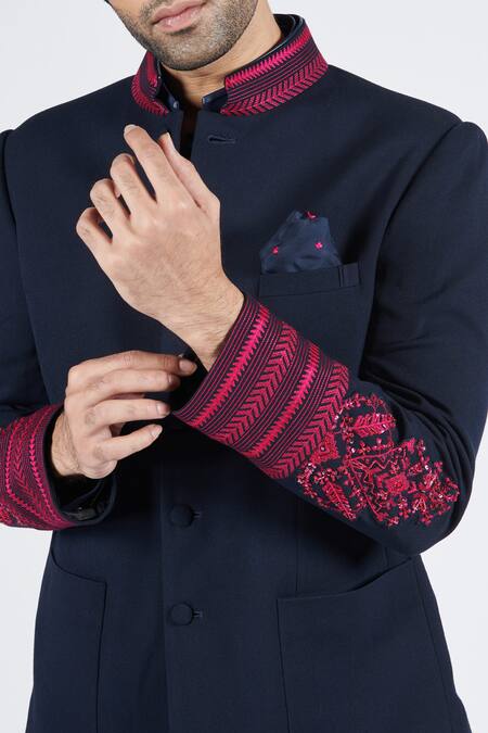 Buy S&N By Shantnu Nikhil Blue Lycra, Viscose, Polyester Embroidery Placement Bandhgala Online at Aza Fashions Buy_S&N By Shantnu Nikhil_Blue Lycra, Viscose, Polyester Embroidery Placement Bandhgala_Online_at_Aza_Fashions