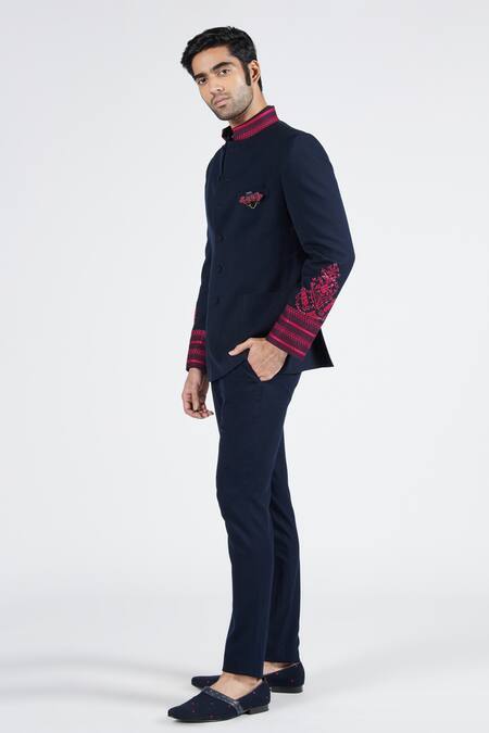 Shop S&N By Shantnu Nikhil Blue Lycra, Viscose, Polyester Embroidery Placement Bandhgala Online at Aza Fashions Shop_S&N By Shantnu Nikhil_Blue Lycra, Viscose, Polyester Embroidery Placement Bandhgala_Online_at_Aza_Fashions