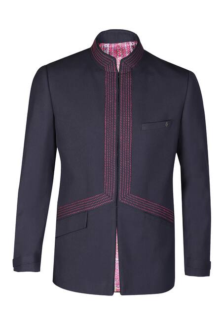 S&N By Shantnu Nikhil_Blue Lycra, Viscose, Polyester Embroidery Thread Bandhgala_Online_at_Aza_Fashions