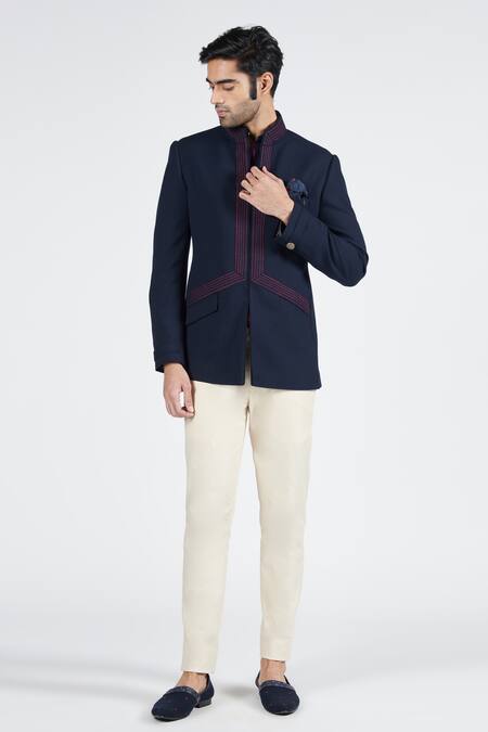 Buy S&N By Shantnu Nikhil Blue Lycra, Viscose, Polyester Embroidery Thread Bandhgala Online at Aza Fashions Buy_S&N By Shantnu Nikhil_Blue Lycra, Viscose, Polyester Embroidery Thread Bandhgala_Online_at_Aza_Fashions