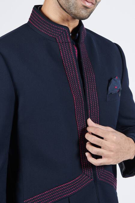 Shop S&N By Shantnu Nikhil Blue Lycra, Viscose, Polyester Embroidery Thread Bandhgala Online at Aza Fashions Shop_S&N By Shantnu Nikhil_Blue Lycra, Viscose, Polyester Embroidery Thread Bandhgala_Online_at_Aza_Fashions