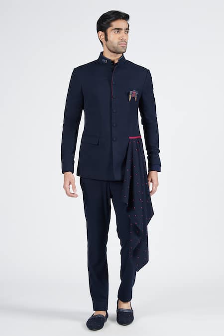 S&N by Shantnu Nikhil Blue Poly Blend Embroidered Thread Asymmetric Draped Bandhgala 