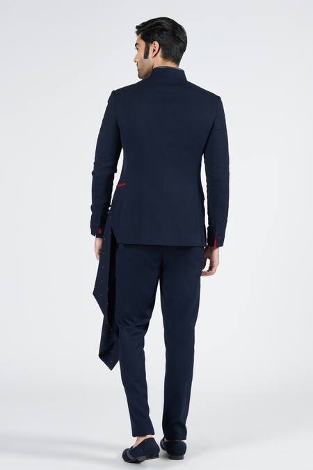 Shop S&N By Shantnu Nikhil Blue Polyester, Viscose, Lycra Embroidery Asymmetric Draped Bandhgala at Aza Fashions Shop_S&N By Shantnu Nikhil_Blue Polyester, Viscose, Lycra Embroidery Asymmetric Draped Bandhgala_at_Aza_Fashions