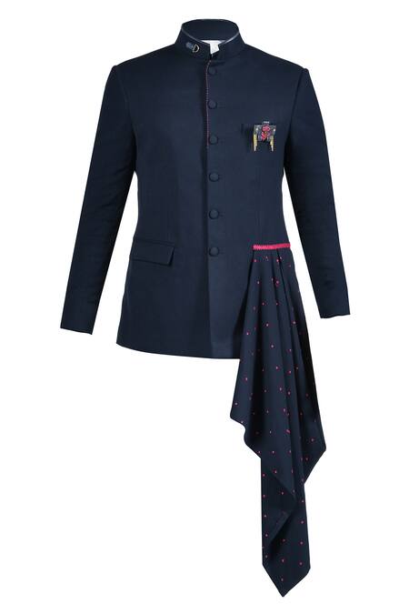 S&N By Shantnu Nikhil_Blue Polyester, Viscose, Lycra Embroidery Asymmetric Draped Bandhgala_Online_at_Aza_Fashions