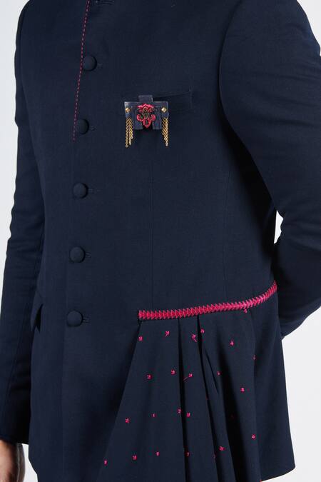 Buy S&N By Shantnu Nikhil Blue Polyester, Viscose, Lycra Embroidery Asymmetric Draped Bandhgala Online at Aza Fashions Buy_S&N By Shantnu Nikhil_Blue Polyester, Viscose, Lycra Embroidery Asymmetric Draped Bandhgala_Online_at_Aza_Fashions