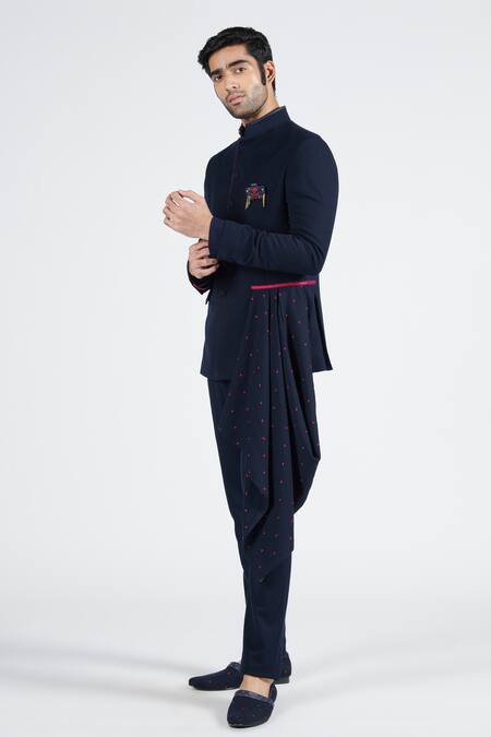 Shop S&N By Shantnu Nikhil Blue Polyester, Viscose, Lycra Embroidery Asymmetric Draped Bandhgala Online at Aza Fashions Shop_S&N By Shantnu Nikhil_Blue Polyester, Viscose, Lycra Embroidery Asymmetric Draped Bandhgala_Online_at_Aza_Fashions