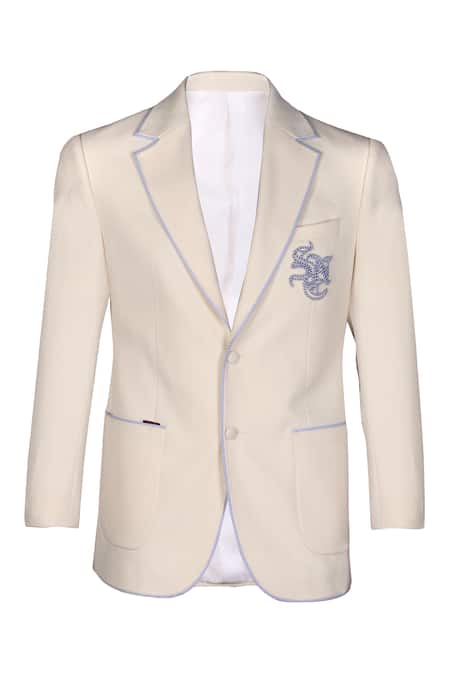 S&N By Shantnu Nikhil_Off White Wool, Viscose, Polyester Embroidery Placement Logo Jacket_Online_at_Aza_Fashions