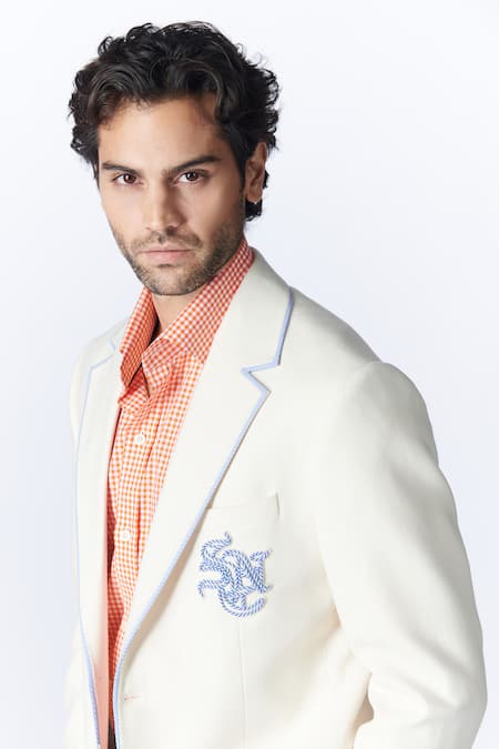 Shop S&N By Shantnu Nikhil Off White Wool, Viscose, Polyester Embroidery Placement Logo Jacket Online at Aza Fashions Shop_S&N By Shantnu Nikhil_Off White Wool, Viscose, Polyester Embroidery Placement Logo Jacket_Online_at_Aza_Fashions