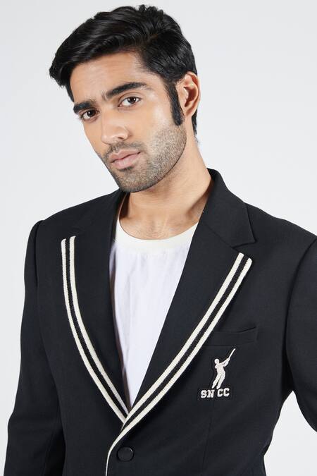 Buy_S&N By Shantnu Nikhil_Black Lycra, Viscose, Polyester Embroidery Batsman Logo Jacket_Online_at_Aza_Fashions