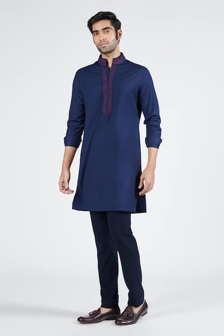 S&N by Shantnu Nikhil Blue Terylene Embroidered Placket Short Kurta 