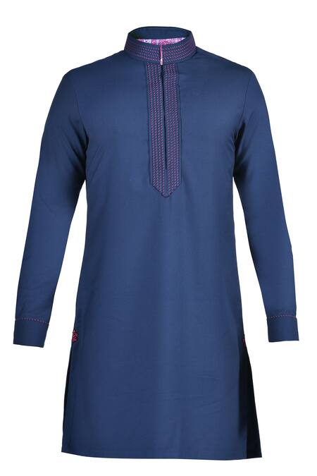 S&N By Shantnu Nikhil_Blue Viscose, Lycra Embroidery Placket Short Kurta_Online_at_Aza_Fashions