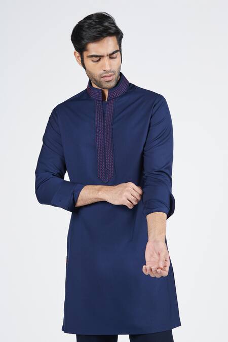 Buy_S&N By Shantnu Nikhil_Blue Viscose, Lycra Embroidery Placket Short Kurta_Online_at_Aza_Fashions
