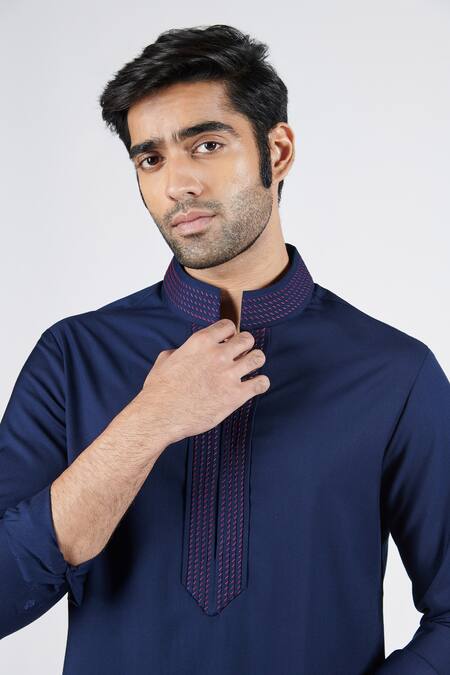 Shop_S&N By Shantnu Nikhil_Blue Viscose, Lycra Embroidery Placket Short Kurta_Online_at_Aza_Fashions
