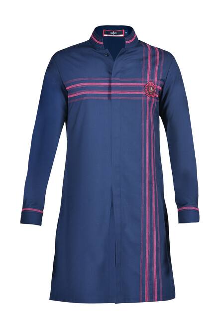 S&N By Shantnu Nikhil_Blue Lycra, Viscose, Terrycloth Embroidery Thread Work Short Kurta_Online_at_Aza_Fashions
