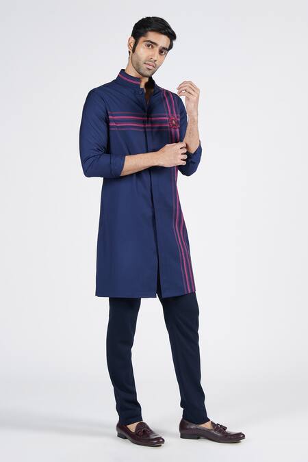 Shop S&N By Shantnu Nikhil Blue Lycra, Viscose, Terrycloth Embroidery Thread Work Short Kurta Online at Aza Fashions Shop_S&N By Shantnu Nikhil_Blue Lycra, Viscose, Terrycloth Embroidery Thread Work Short Kurta_Online_at_Aza_Fashions