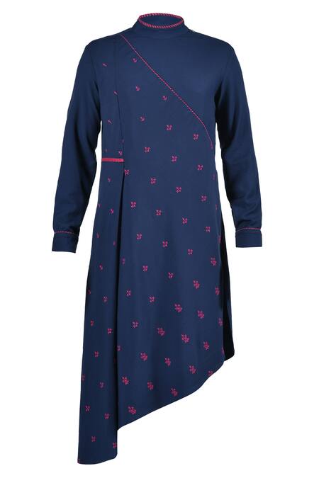 S&N By Shantnu Nikhil_Blue Lycra, Viscose, Terrycloth Embroidery Asymmetric Kurta_Online_at_Aza_Fashions