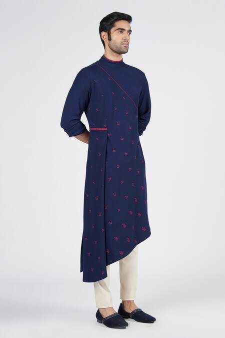 Shop S&N By Shantnu Nikhil Blue Lycra, Viscose, Terrycloth Embroidery Asymmetric Kurta Online at Aza Fashions Shop_S&N By Shantnu Nikhil_Blue Lycra, Viscose, Terrycloth Embroidery Asymmetric Kurta_Online_at_Aza_Fashions