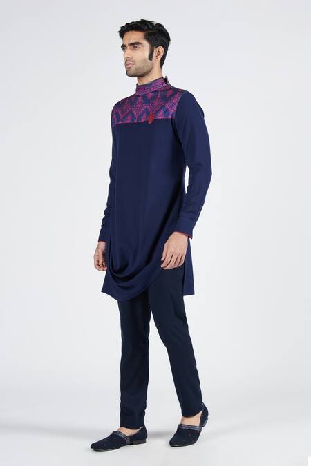 Shop S&N By Shantnu Nikhil Blue Viscose, Lycra, Crepe Embroidery Draped Short Kurta Online at Aza Fashions Shop_S&N By Shantnu Nikhil_Blue Viscose, Lycra, Crepe Embroidery Draped Short Kurta_Online_at_Aza_Fashions