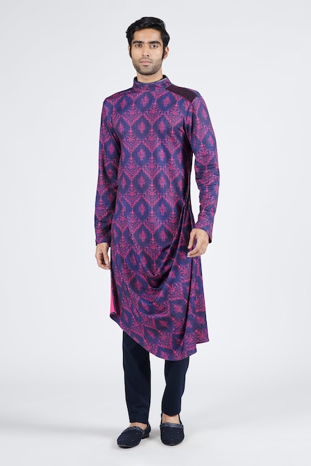 S&N by Shantnu Nikhil Blue Crepe Jersey Printed Tribal Draped Kurta