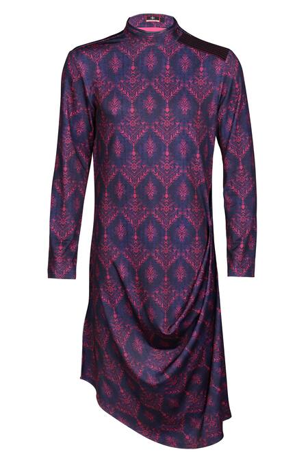 S&N By Shantnu Nikhil_Blue Crepe, Jersey Tribal Print Draped Kurta_Online_at_Aza_Fashions