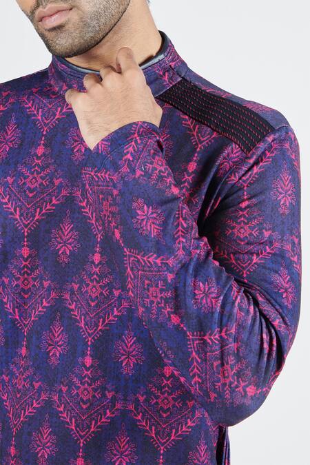 Buy_S&N By Shantnu Nikhil_Blue Crepe, Jersey Tribal Print Draped Kurta_Online_at_Aza_Fashions