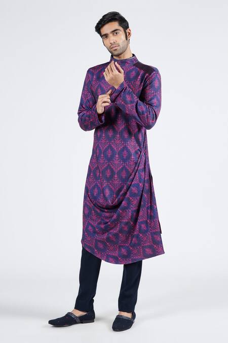 Shop_S&N By Shantnu Nikhil_Blue Crepe, Jersey Tribal Print Draped Kurta_Online_at_Aza_Fashions