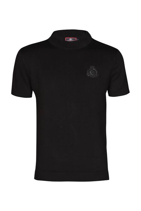 S&N By Shantnu Nikhil_Black Viscose, Nylon Faux Leather Crest T-shirt_Online_at_Aza_Fashions