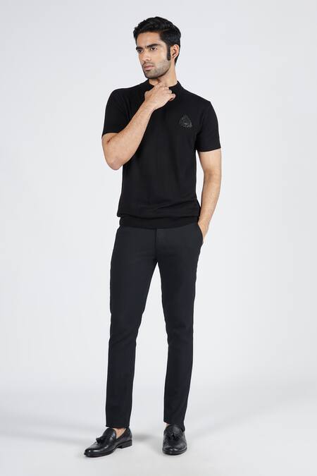 Buy_S&N By Shantnu Nikhil_Black Viscose, Nylon Faux Leather Crest T-shirt_Online_at_Aza_Fashions