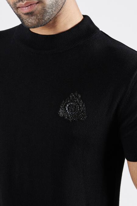 Shop_S&N By Shantnu Nikhil_Black Viscose, Nylon Faux Leather Crest T-shirt_Online_at_Aza_Fashions