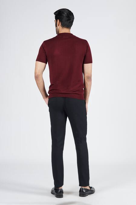 Shop_S&N By Shantnu Nikhil_Red Viscose, Nylon Faux Leather Crest Knit T-shirt_at_Aza_Fashions