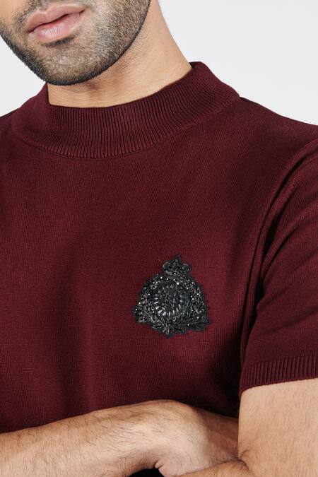 Buy_S&N By Shantnu Nikhil_Red Viscose, Nylon Faux Leather Crest Knit T-shirt_Online_at_Aza_Fashions